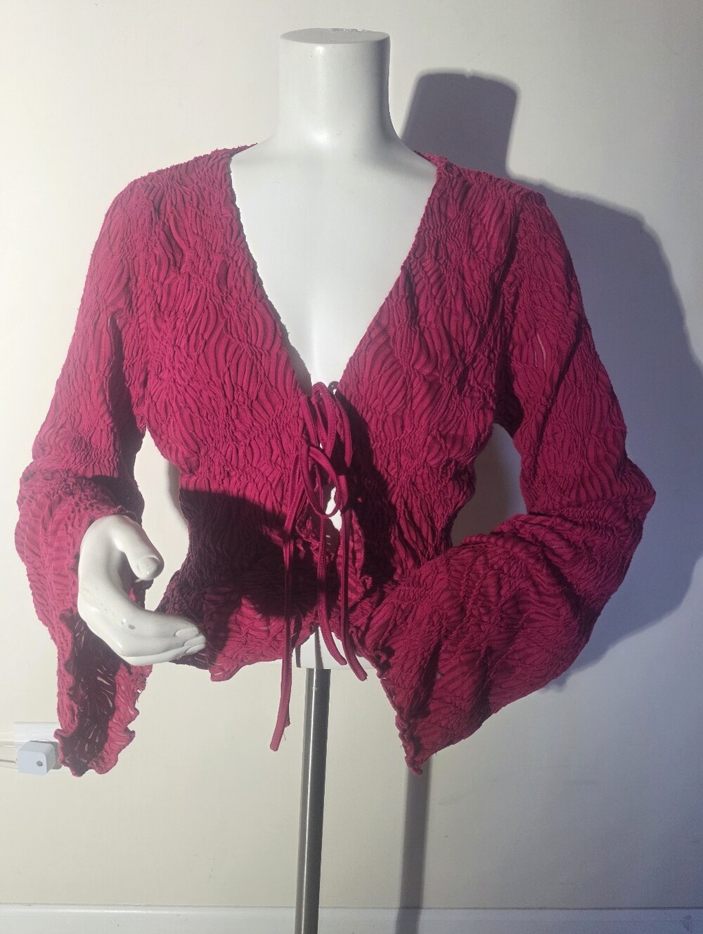 Willow + Root Tie-Front Crinkle Blouse in Raspberry (Size L)